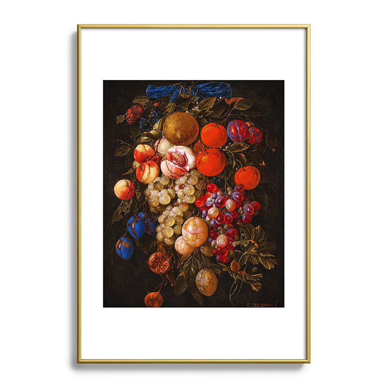 A festoon of fruit hanging from a blue ribbon 1670 still life portrait painting by Cornelis de Heem Framed Art Print