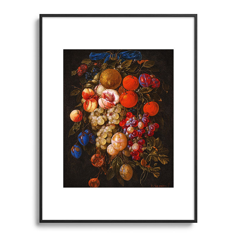 A festoon of fruit hanging from a blue ribbon 1670 still life portrait painting by Cornelis de Heem Framed Art Print
