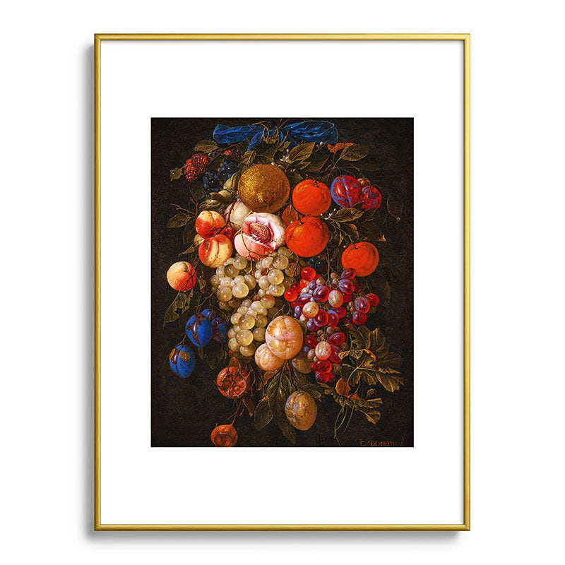 A festoon of fruit hanging from a blue ribbon 1670 still life portrait painting by Cornelis de Heem Framed Art Print
