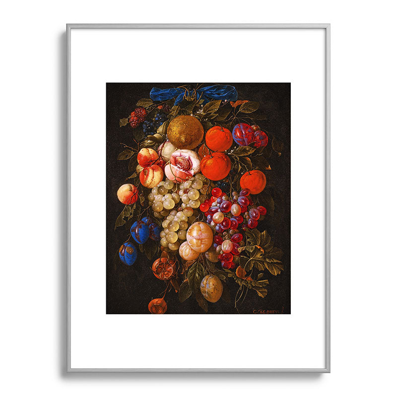 A festoon of fruit hanging from a blue ribbon 1670 still life portrait painting by Cornelis de Heem Framed Art Print