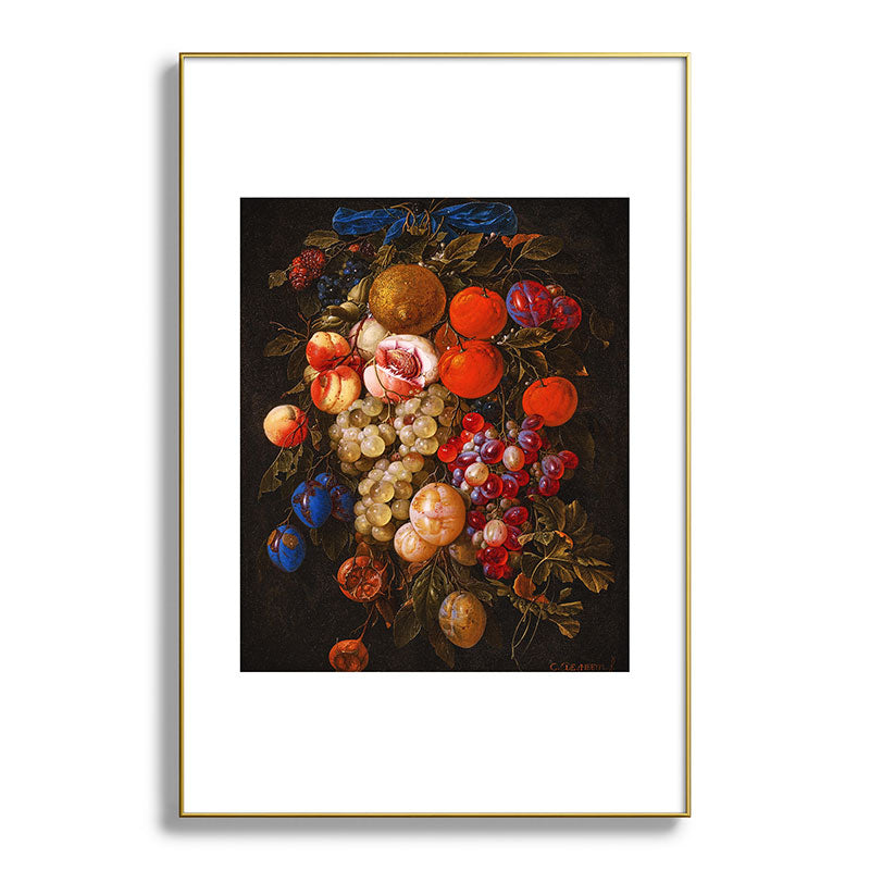 A festoon of fruit hanging from a blue ribbon 1670 still life portrait painting by Cornelis de Heem Framed Art Print