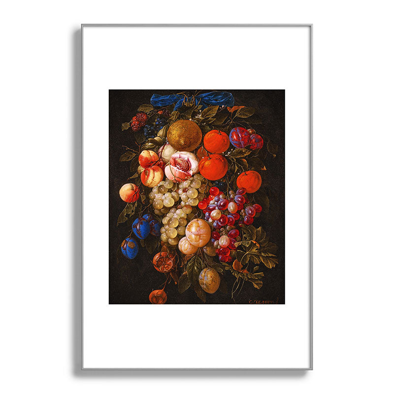 A festoon of fruit hanging from a blue ribbon 1670 still life portrait painting by Cornelis de Heem Framed Art Print