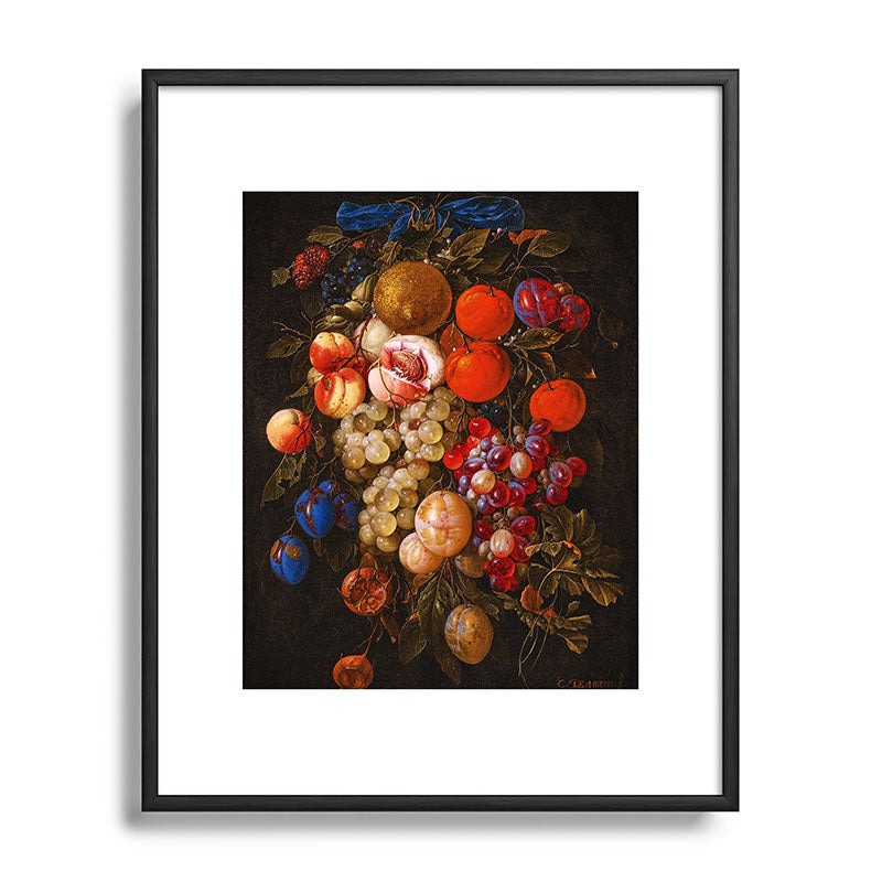 A festoon of fruit hanging from a blue ribbon 1670 still life portrait painting by Cornelis de Heem Framed Art Print