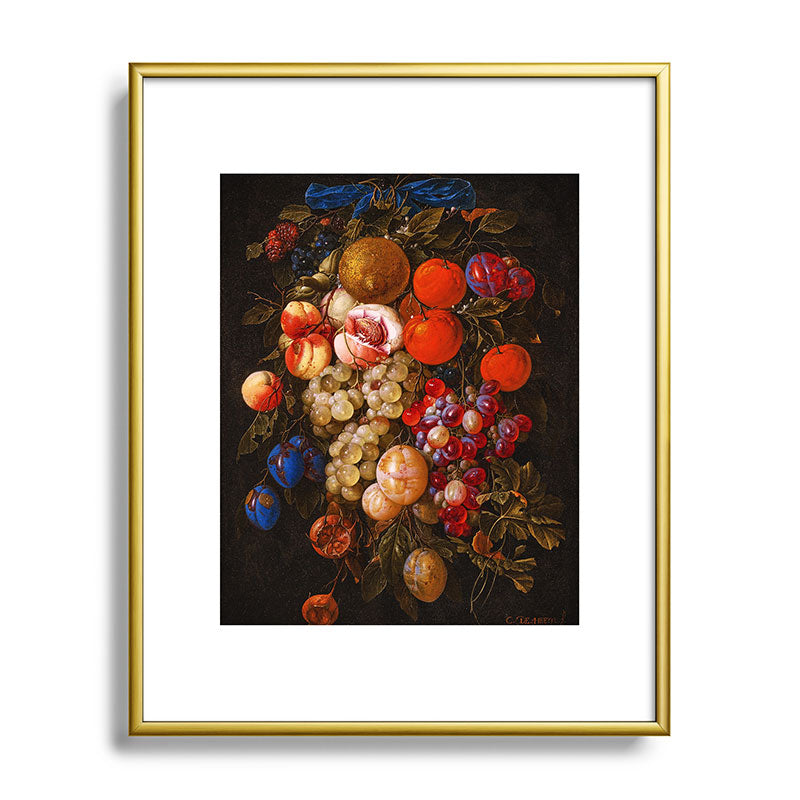 A festoon of fruit hanging from a blue ribbon 1670 still life portrait painting by Cornelis de Heem Framed Art Print
