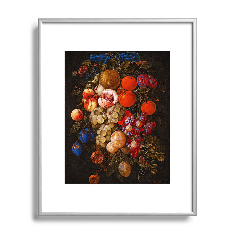 A festoon of fruit hanging from a blue ribbon 1670 still life portrait painting by Cornelis de Heem Framed Art Print