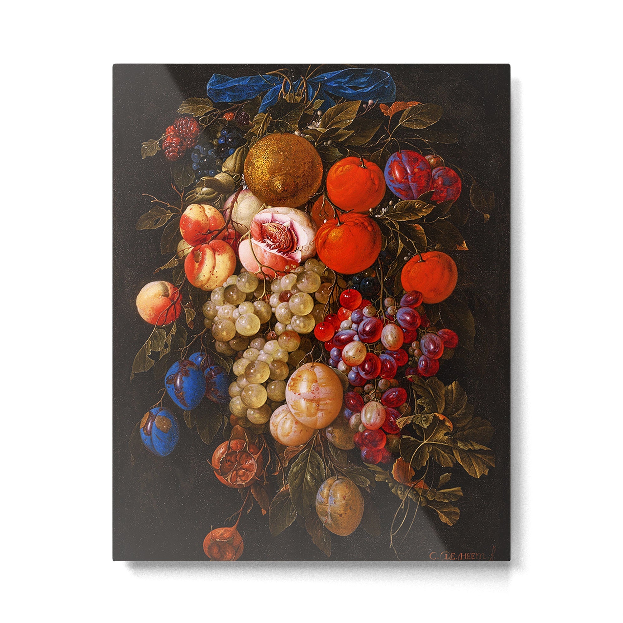 A festoon of fruit hanging from a blue ribbon 1670 still life portrait painting by Cornelis de Heem Metal Print