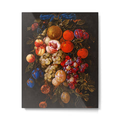 A festoon of fruit hanging from a blue ribbon 1670 still life portrait painting by Cornelis de Heem Metal Print
