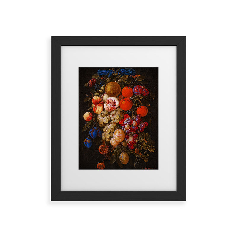 A festoon of fruit hanging from a blue ribbon 1670 still life portrait painting by Cornelis de Heem Framed Art Print