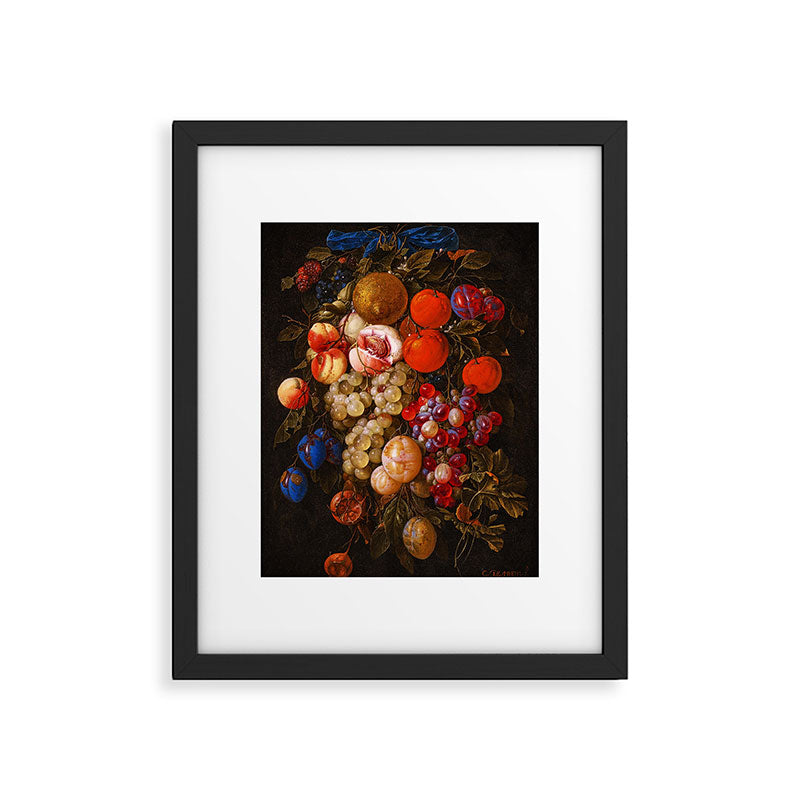 A festoon of fruit hanging from a blue ribbon 1670 still life portrait painting by Cornelis de Heem Framed Art Print