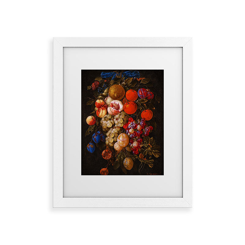 A festoon of fruit hanging from a blue ribbon 1670 still life portrait painting by Cornelis de Heem Framed Art Print