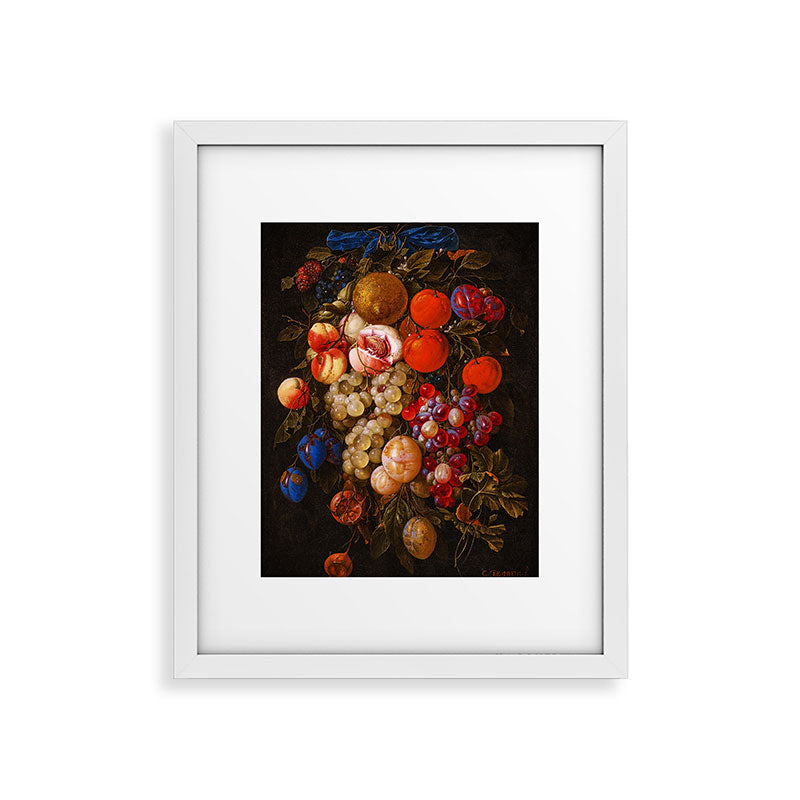 A festoon of fruit hanging from a blue ribbon 1670 still life portrait painting by Cornelis de Heem Framed Art Print