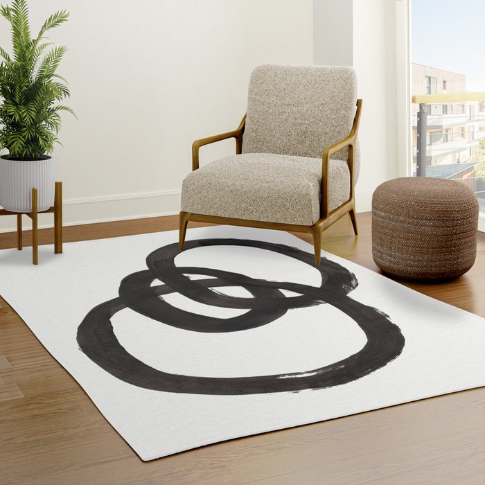 And I Op' Minimalist Ink Line Drawing Abstract Black Brush Strokes Modern Funky Maze by Ejaaz Haniff  Rug