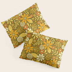 1970s Retro Flowers Pattern in Yellow, Orange & Olive Green Pillow Sham