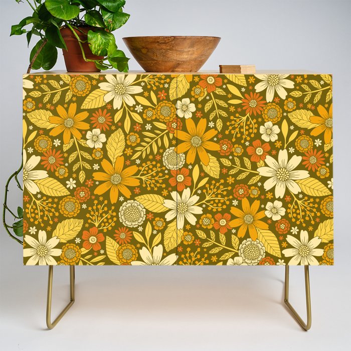 1970s Retro Flowers Pattern in Yellow, Orange & Olive Green Credenza