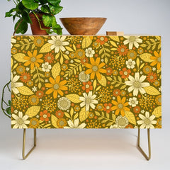 1970s Retro Flowers Pattern in Yellow, Orange & Olive Green Credenza