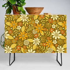 1970s Retro Flowers Pattern in Yellow, Orange & Olive Green Credenza