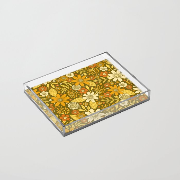 1970s Retro Flowers Pattern in Yellow, Orange & Olive Green Acrylic Tray