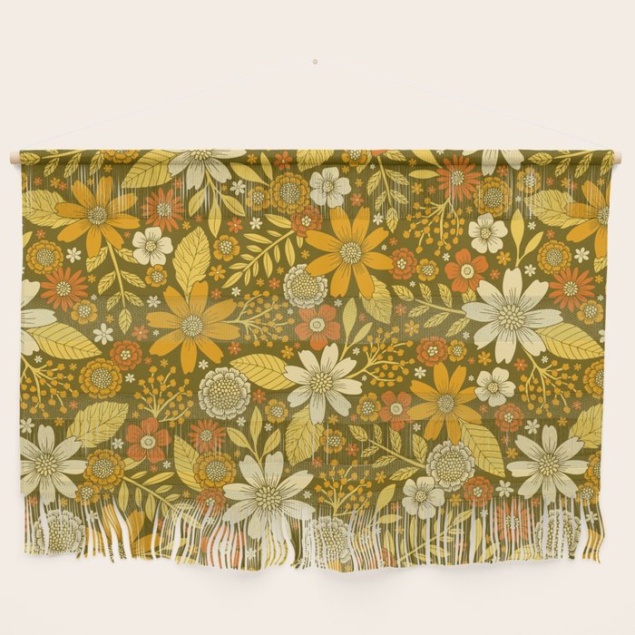 1970s Retro Flowers Pattern in Yellow, Orange & Olive Green Wall Hanging