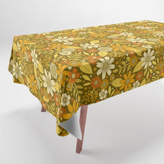 1970s Retro Flowers Pattern in Yellow, Orange & Olive Green Tablecloth