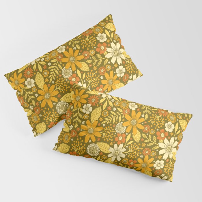 1970s Retro Flowers Pattern in Yellow, Orange & Olive Green Pillow Sham