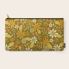 1970s Retro Flowers Pattern in Yellow, Orange & Olive Green Carry All Pouch