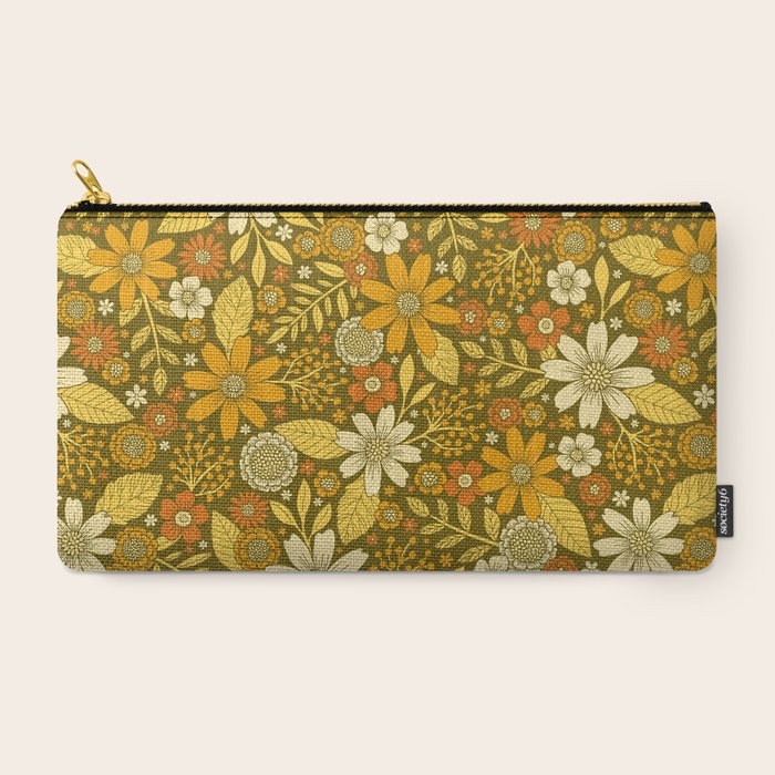 1970s Retro Flowers Pattern in Yellow, Orange & Olive Green Carry All Pouch