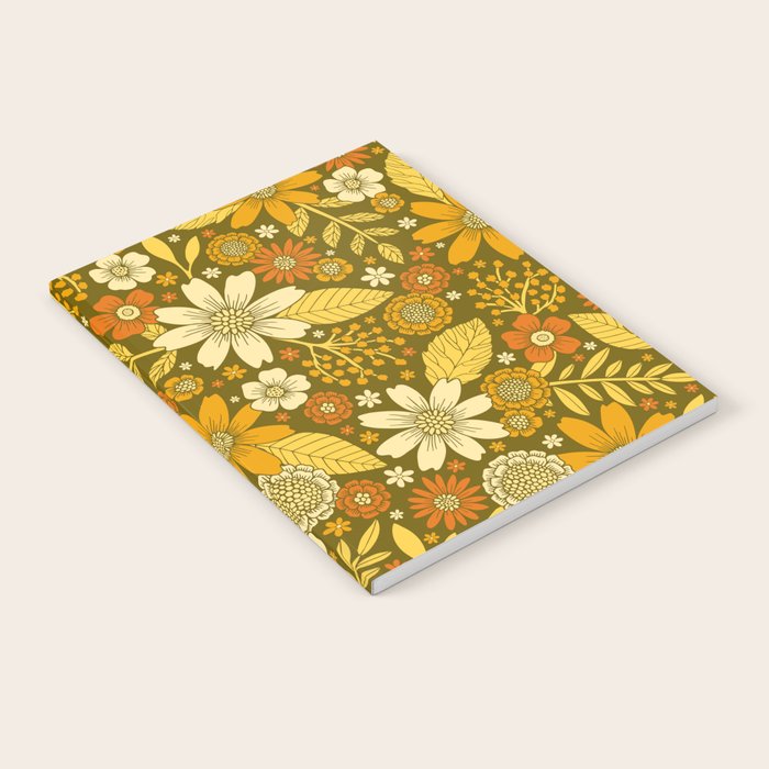 1970s Retro Flowers Pattern in Yellow, Orange & Olive Green Notebook