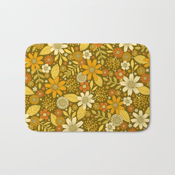 1970s Retro Flowers Pattern in Yellow, Orange & Olive Green Bath Mat