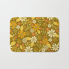 1970s Retro Flowers Pattern in Yellow, Orange & Olive Green Bath Mat