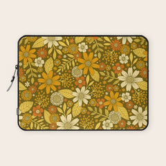 1970s Retro Flowers Pattern in Yellow, Orange & Olive Green Laptop Sleeve