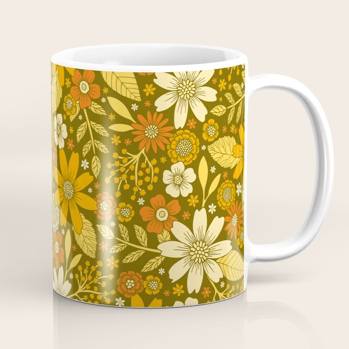 1970s Retro Flowers Pattern in Yellow, Orange & Olive Green Coffee Mug