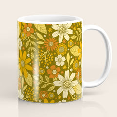 1970s Retro Flowers Pattern in Yellow, Orange & Olive Green Coffee Mug