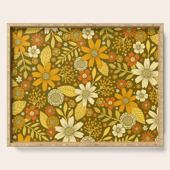 1970s Retro Flowers Pattern in Yellow, Orange & Olive Green Serving Tray