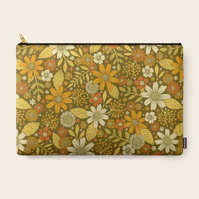 1970s Retro Flowers Pattern in Yellow, Orange & Olive Green Carry All Pouch