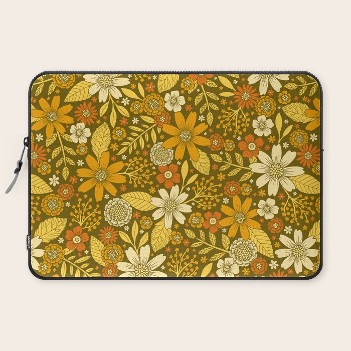1970s Retro Flowers Pattern in Yellow, Orange & Olive Green Laptop Sleeve