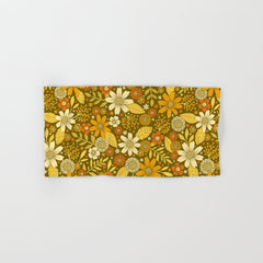 1970s Retro Flowers Pattern in Yellow, Orange & Olive Green Bath Towel