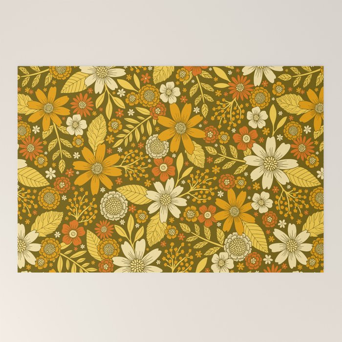 1970s Retro Flowers Pattern in Yellow, Orange & Olive Green Welcome Mat