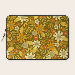 1970s Retro Flowers Pattern in Yellow, Orange & Olive Green Laptop Sleeve