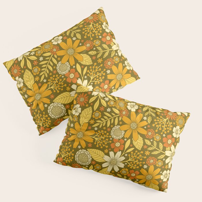 1970s Retro Flowers Pattern in Yellow, Orange & Olive Green Pillow Sham