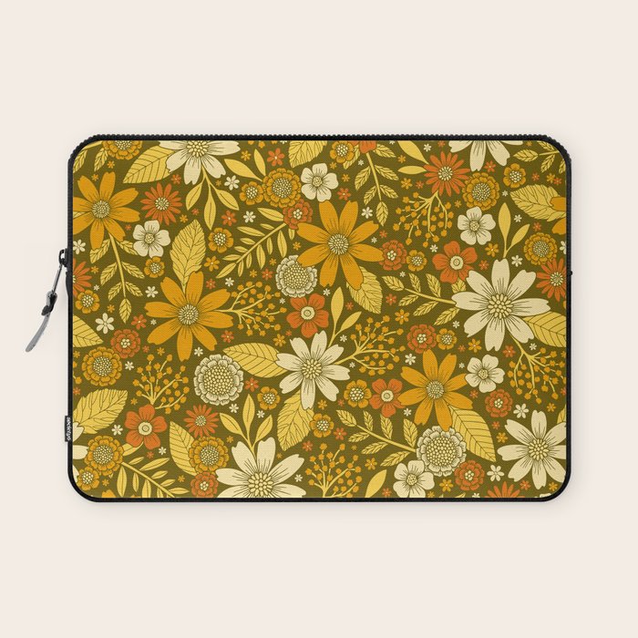 1970s Retro Flowers Pattern in Yellow, Orange & Olive Green Laptop Sleeve