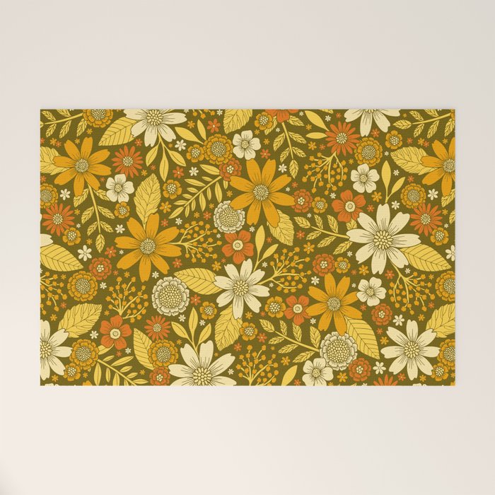 1970s Retro Flowers Pattern in Yellow, Orange & Olive Green Welcome Mat