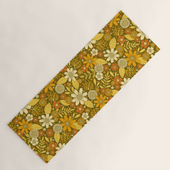 1970s Retro Flowers Pattern in Yellow, Orange & Olive Green Yoga Mat