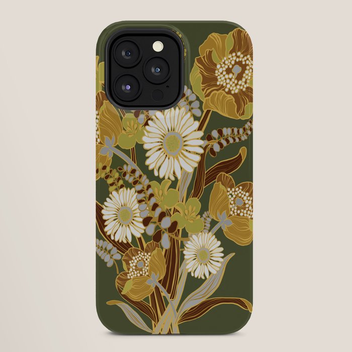 70s, flowers, green, retro, vintage, floral bouquet, olive green iPhone Case