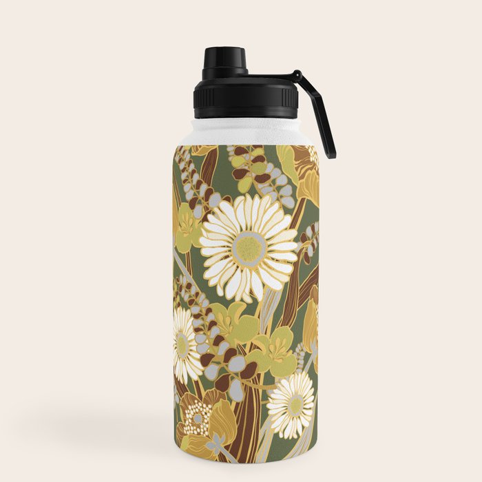 70s, flowers, green, retro, vintage, floral bouquet, olive green Water Bottle
