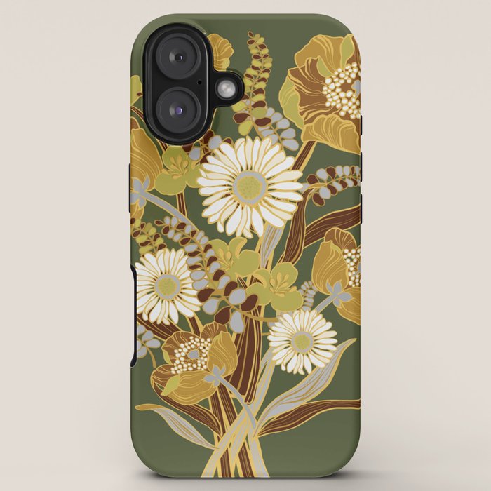 70s, flowers, green, retro, vintage, floral bouquet, olive green iPhone Case