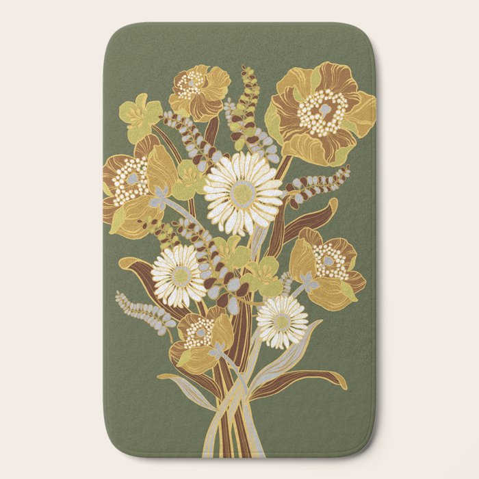 70s, flowers, green, retro, vintage, floral bouquet, olive green Bath Mat