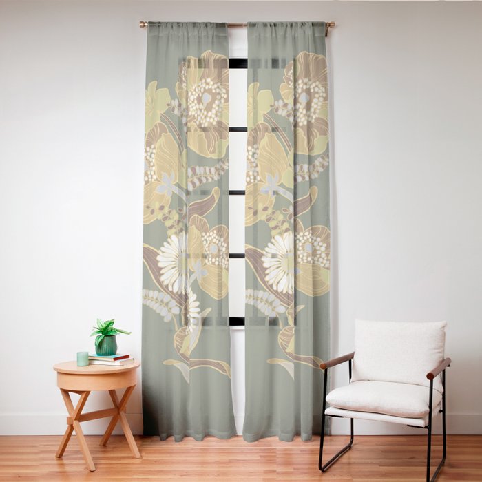 70s, flowers, green, retro, vintage, floral bouquet, olive green Window Curtain