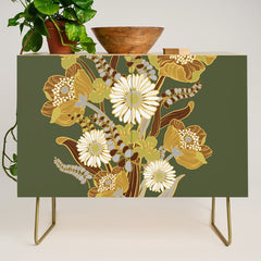 70s, flowers, green, retro, vintage, floral bouquet, olive green Credenza