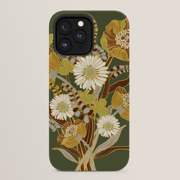70s, flowers, green, retro, vintage, floral bouquet, olive green iPhone Case