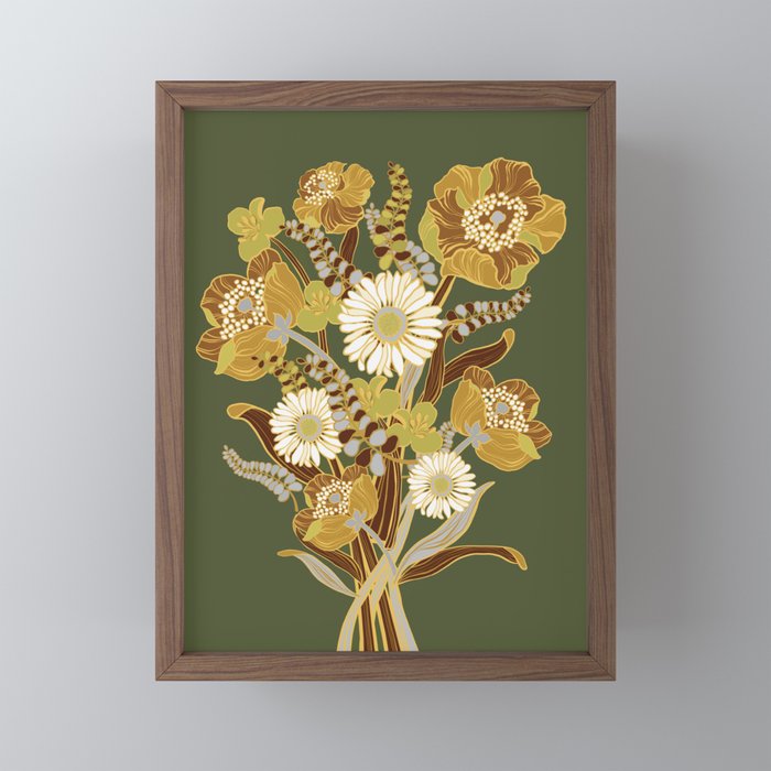 70s, flowers, green, retro, vintage, floral bouquet, olive green Mini Art Print